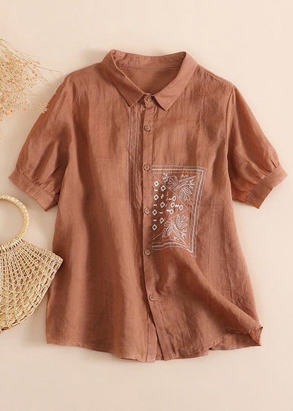 Orange Peter Pan Collar Print Button Linen Shirts Short Sleeve