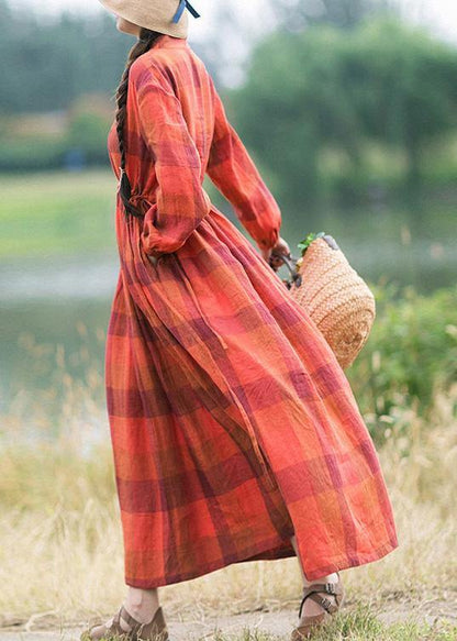 Orange Plaid Clothes O Neck Drawstring Spring Dress