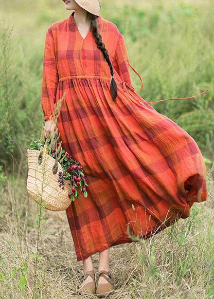 Orange Plaid Clothes O Neck Drawstring Spring Dress