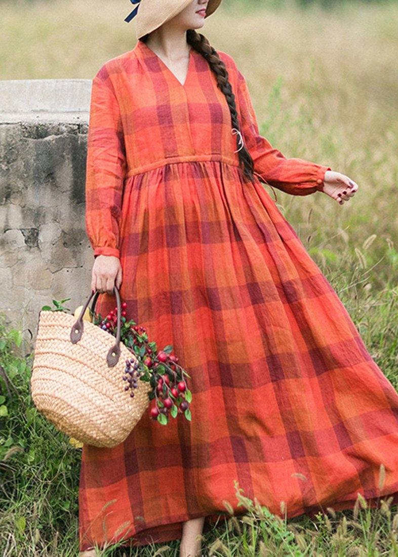 Orange Plaid Clothes O Neck Drawstring Spring Dress