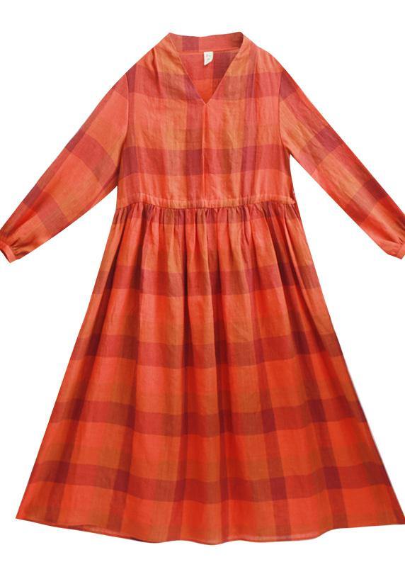 Orange Plaid Clothes O Neck Drawstring Spring Dress