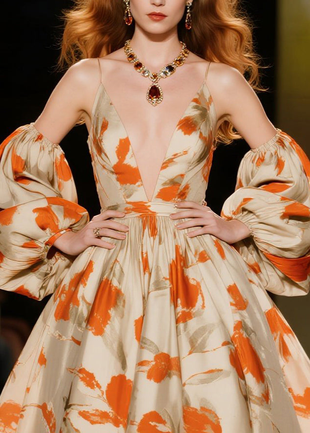 Orange Print Exra Large Hem Vestidos Dresses Lantern Sleeve