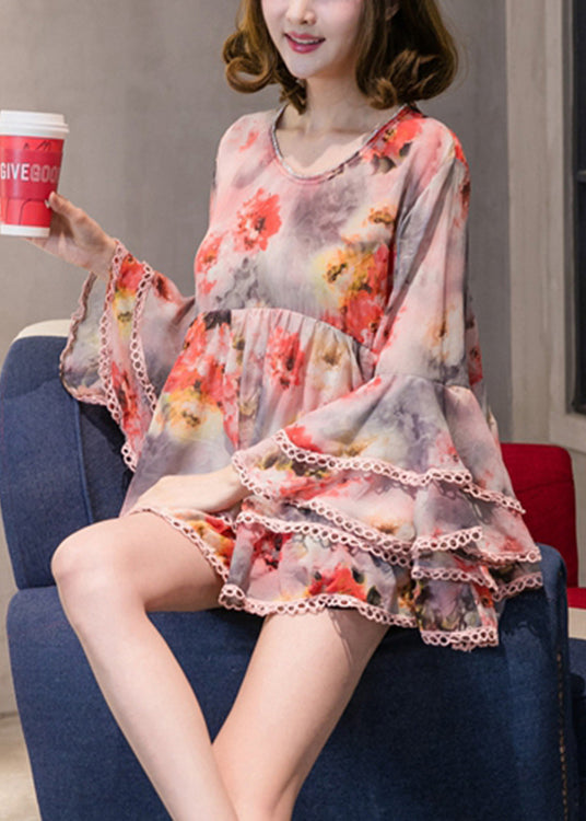 Orange Print Patchwork Chiffon Shirt Long Sleeve