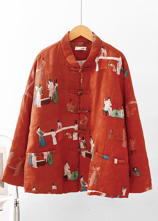 Orange Print Pockets Fine Cotton Filled Oriental Coats Winter