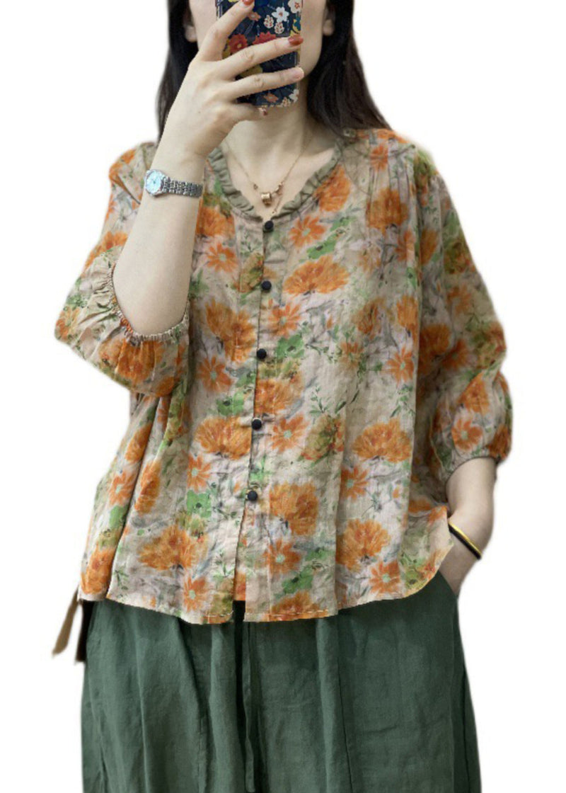 Orange Print Ruffled Patchwork Button Shirt Long Sleeve