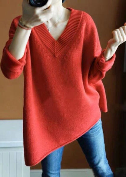 Orange Red V Neck Asymmetrical Knit Pullover Top Winter