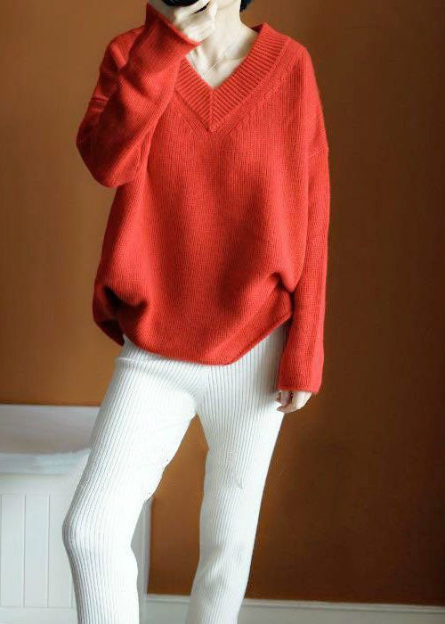 Orange Red V Neck Asymmetrical Knit Pullover Top Winter