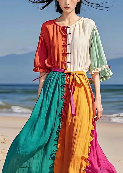 Orange Ruffled Tie Waist Cotton Long Dress Half Sleeve