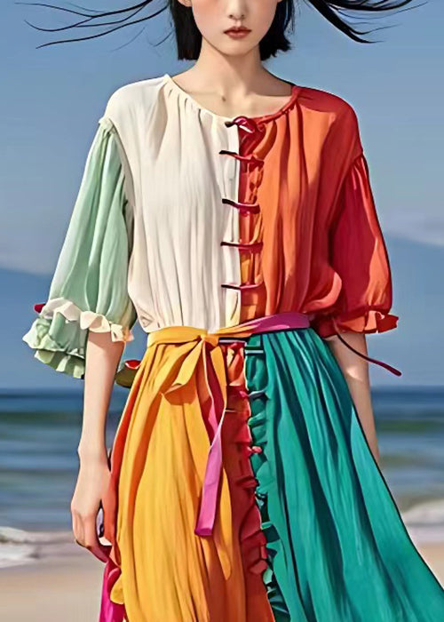 Orange Ruffled Tie Waist Cotton Long Dress Half Sleeve