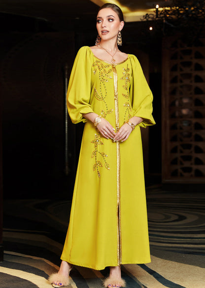 Orange Square Collar Embroideried Lace Patchwork Silk Maxi Vacation Dresses Long Sleeve