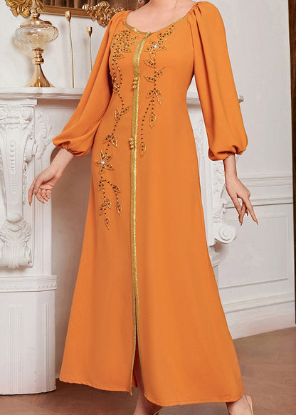 Orange Square Collar Embroideried Lace Patchwork Silk Maxi Vacation Dresses Long Sleeve