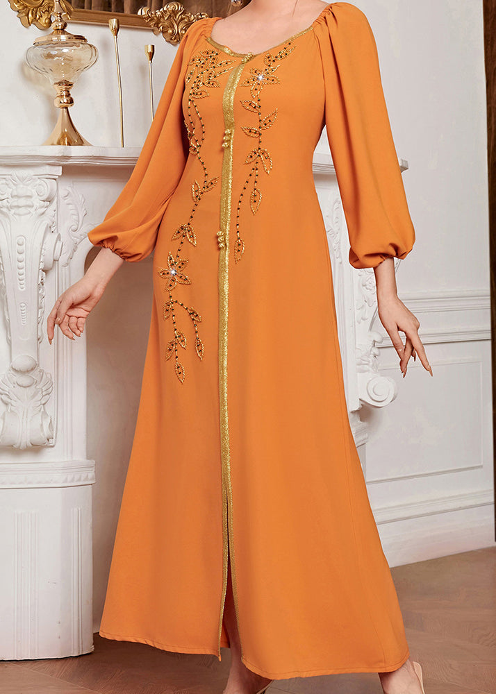 Orange Square Collar Embroideried Lace Patchwork Silk Maxi Vacation Dresses Long Sleeve