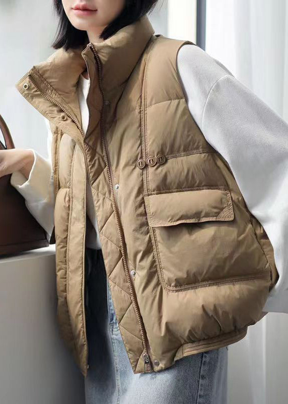 Orange Stand Collar Zip Up Pockets Duck Down Vest Winter