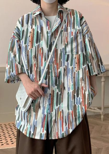 Orange Striped Pockets Cotton Shirts Half Sleeve