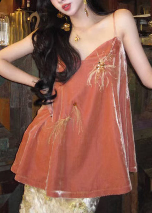 Orange V Neck Feather Nail Bead Silk Velour Spaghetti Strap Tank Sleeveless