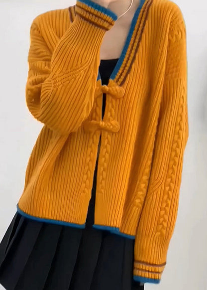 Orange V Neck Oriental Button Knit Cardigan Spring