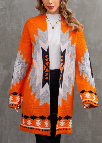 Orange V Neck Patchwork Knit Cardigan Fall