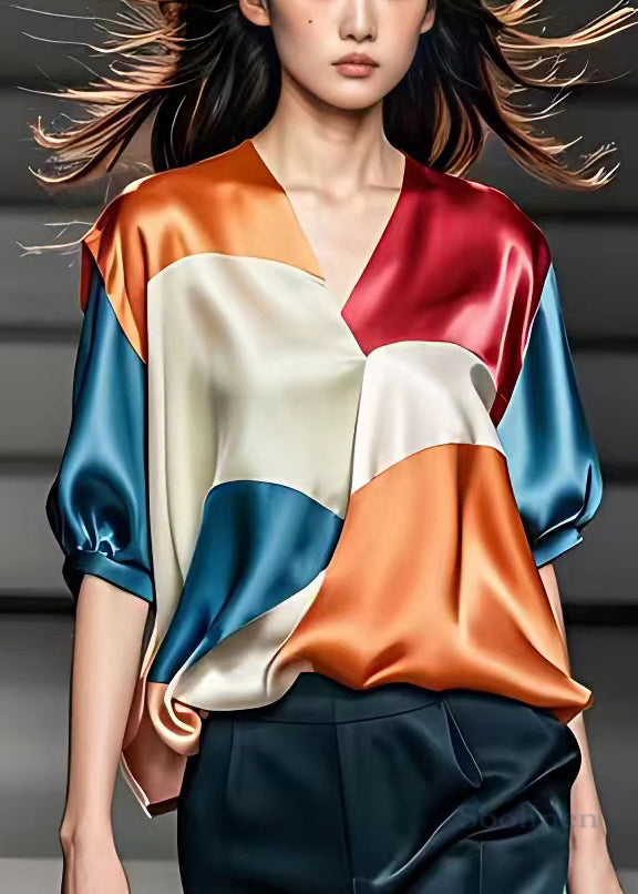 Orange V Neck Patchwork Silk Blouse Half Sleeve