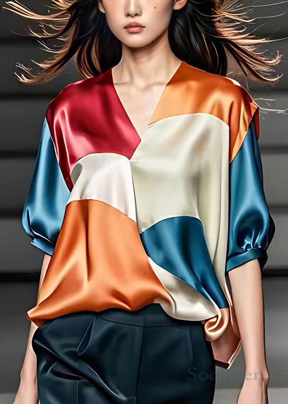 Orange V Neck Patchwork Silk Blouse Half Sleeve