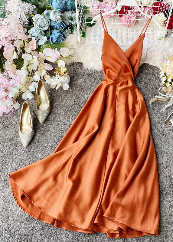 Orange V Neck Patchwork Silk Slip Maxi Dress Summer