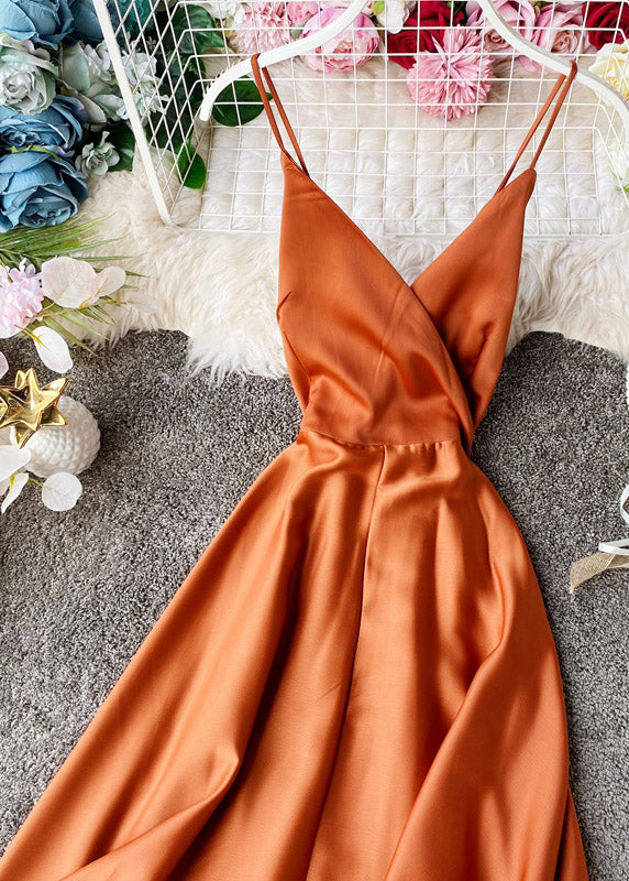 Orange V Neck Patchwork Silk Slip Maxi Dress Summer