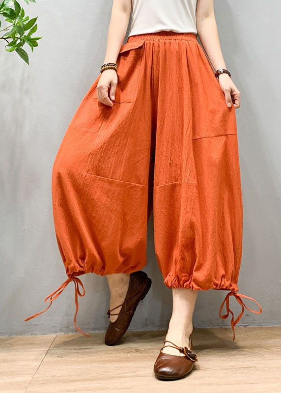 Orange Wrinkled Drawstring Patchwork Linen Lantern Pants Summer