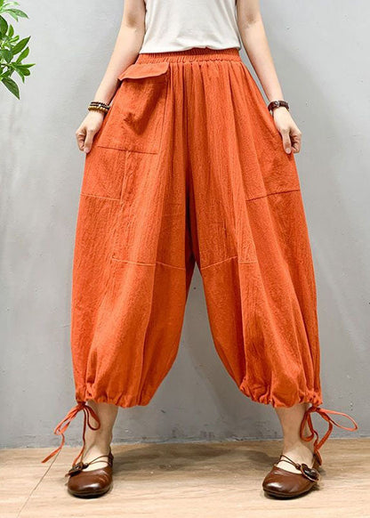 Orange Wrinkled Drawstring Patchwork Linen Lantern Pants Summer