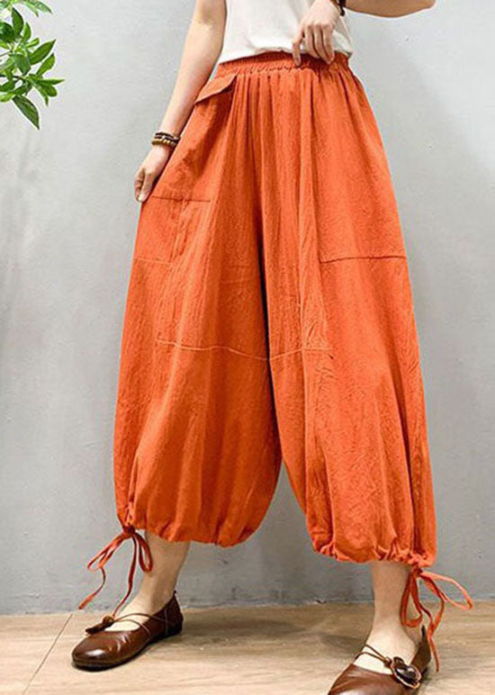 Orange Wrinkled Drawstring Patchwork Linen Lantern Pants Summer
