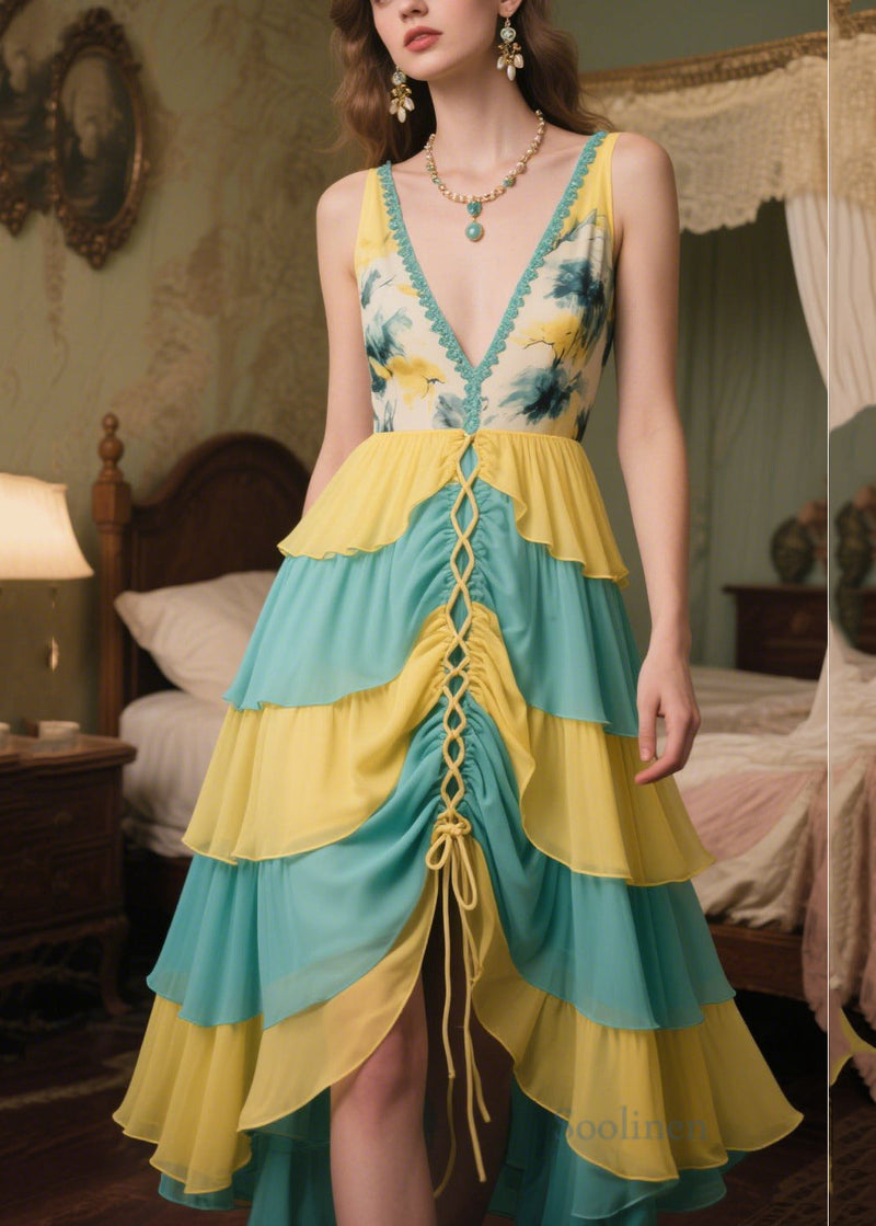Patchwork Chiffon Vestidos Dresses V Neck Cross Strap Summer