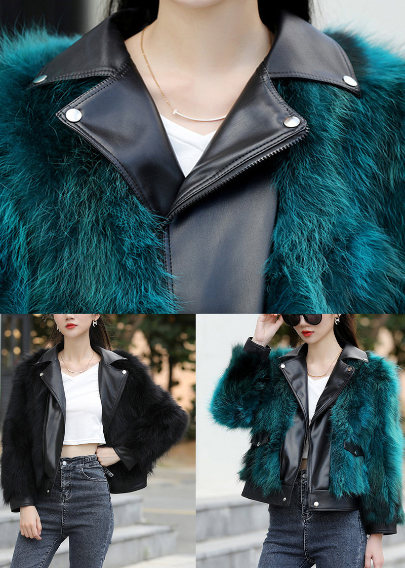 Peacock Blue Pockets Leather and Fur Jacket Long Sleeve