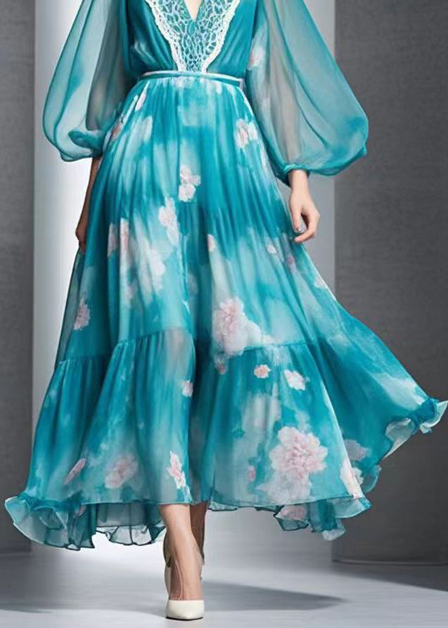 Peacock Blue Print Exra Large Hem Chiffon Long Dress Fall