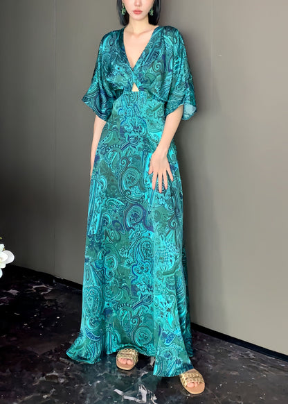 Peacock Blue V Neck Print Satin Maxi Dress Short Sleeve