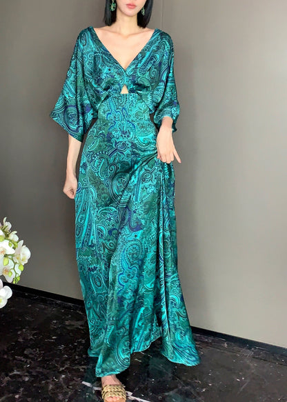 Peacock Blue V Neck Print Satin Maxi Dress Short Sleeve