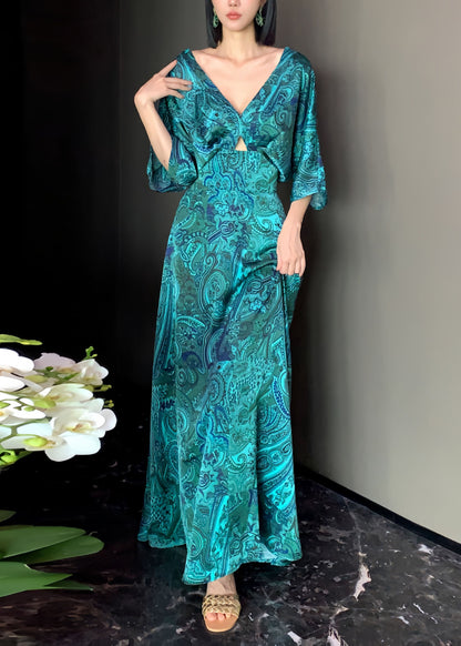 Peacock Blue V Neck Print Satin Maxi Dress Short Sleeve