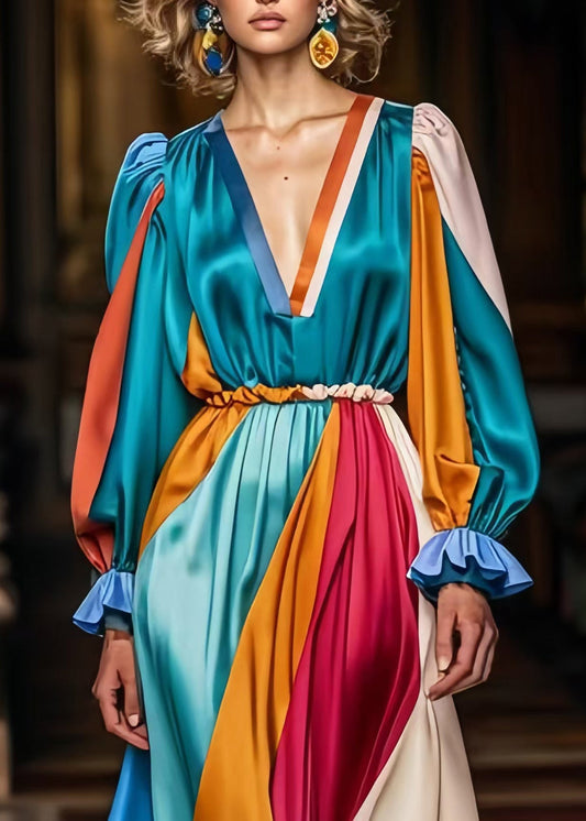 Peacock Green V Neck Patchwork Silk Vacation Dresses Spring