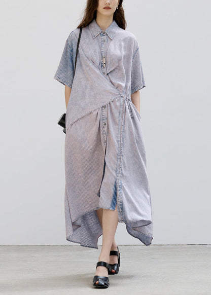 Peter Pan Collar Asymmetrical Design Lace Up Patchwork Denim Dress Summer