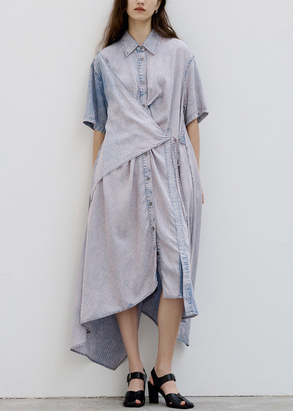 Peter Pan Collar Asymmetrical Design Lace Up Patchwork Denim Dress Summer
