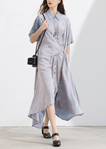 Peter Pan Collar Asymmetrical Design Lace Up Patchwork Denim Dress Summer