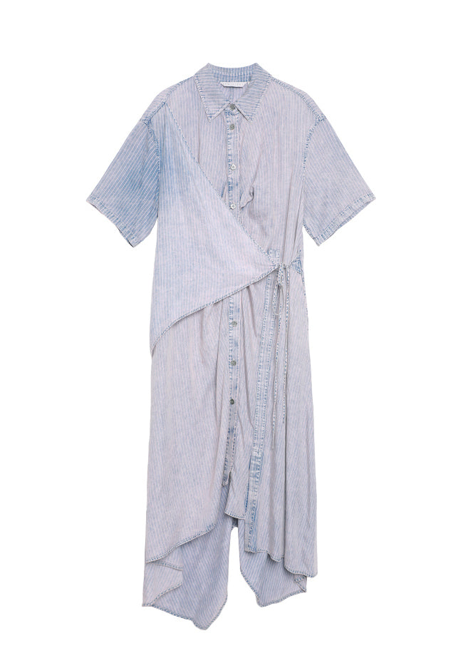 Peter Pan Collar Asymmetrical Design Lace Up Patchwork Denim Dress Summer