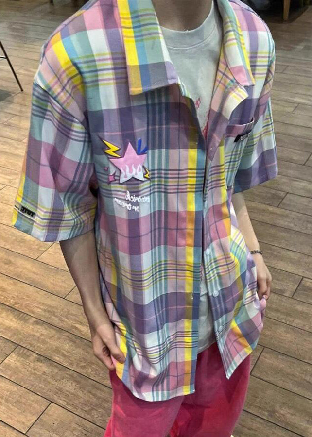 Peter Pan Collar Plaid Pockets Cotton Shirt Summer