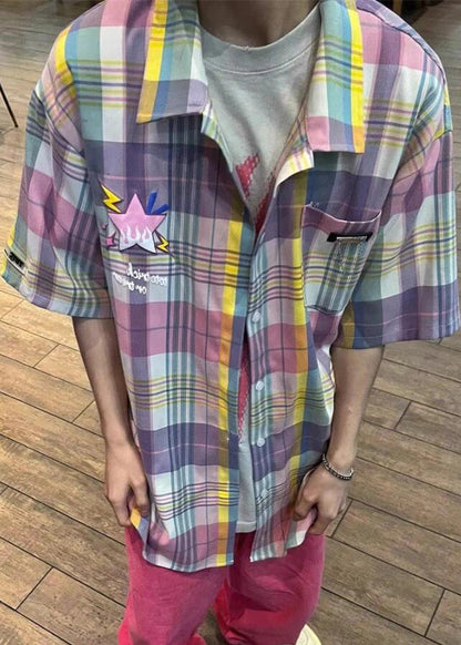Peter Pan Collar Plaid Pockets Cotton Shirt Summer