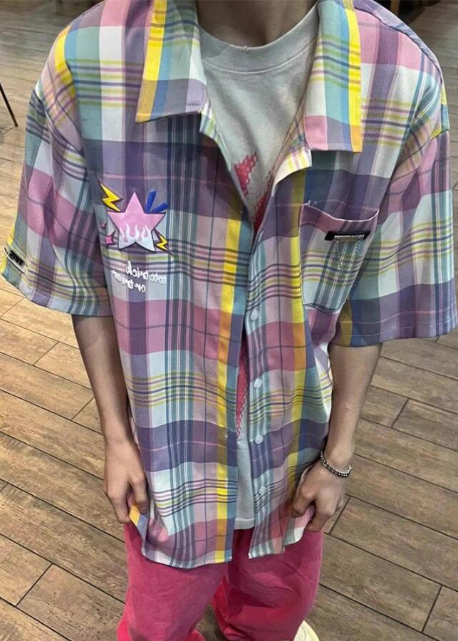 Peter Pan Collar Plaid Pockets Cotton Shirt Summer
