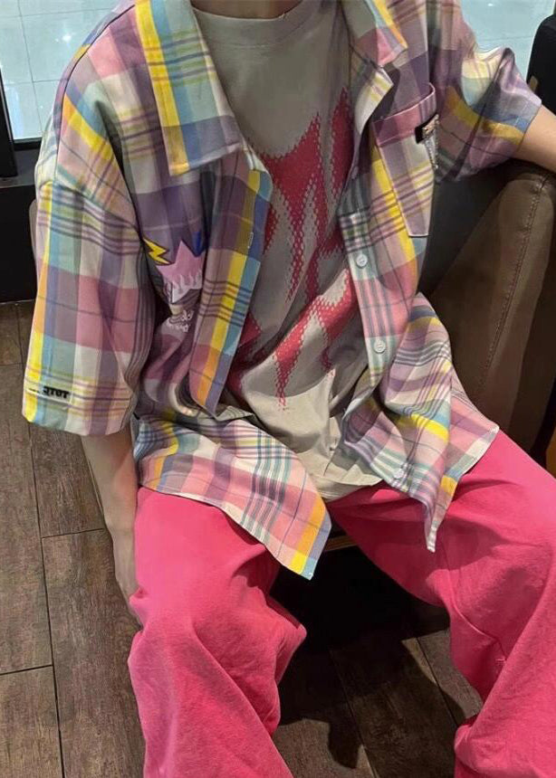 Peter Pan Collar Plaid Pockets Cotton Shirt Summer