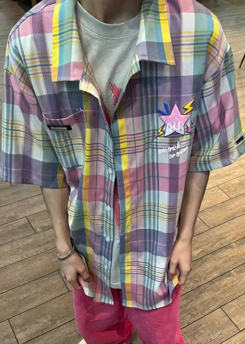 Peter Pan Collar Plaid Pockets Cotton Shirt Summer