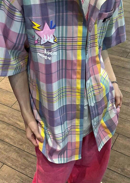 Peter Pan Collar Plaid Pockets Cotton Shirt Summer