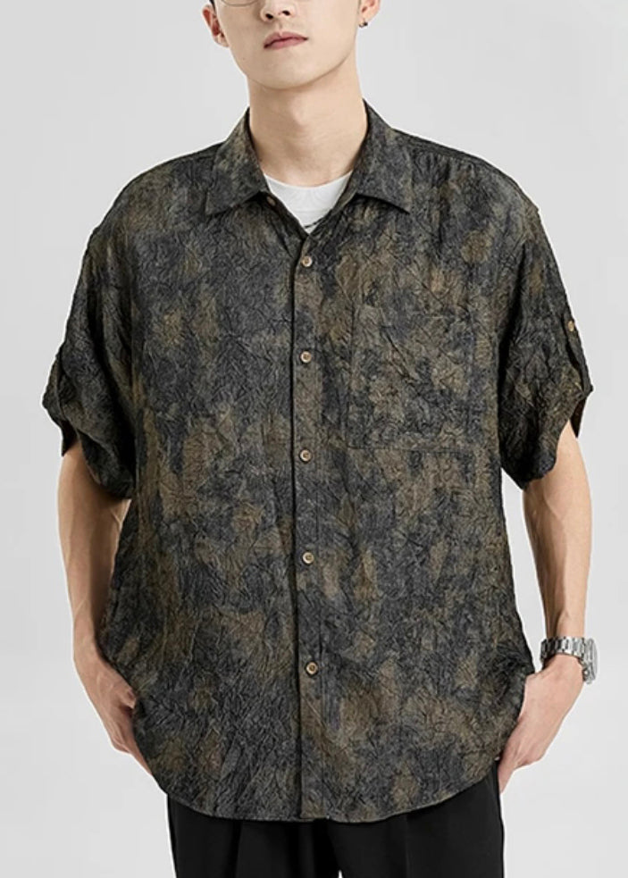 Peter Pan Collar Print Button Silk Shirts Half Sleeve