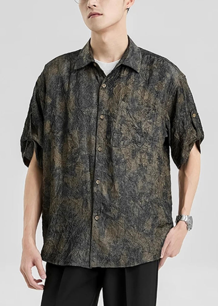 Peter Pan Collar Print Button Silk Shirts Half Sleeve