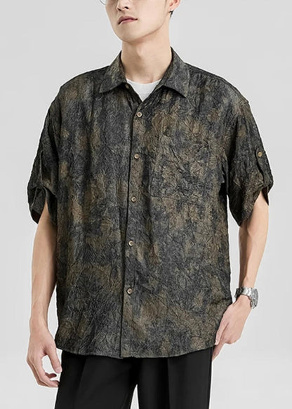 Peter Pan Collar Print Button Silk Shirts Half Sleeve
