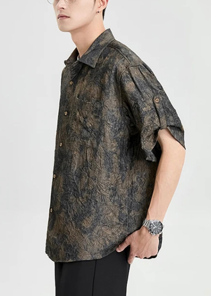 Peter Pan Collar Print Button Silk Shirts Half Sleeve