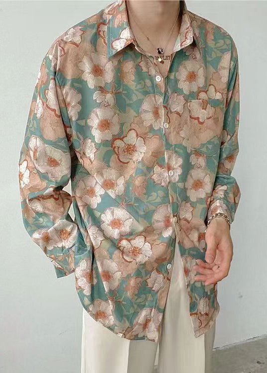Peter Pan Collar Print Ice Silk Shirt Long Sleeve